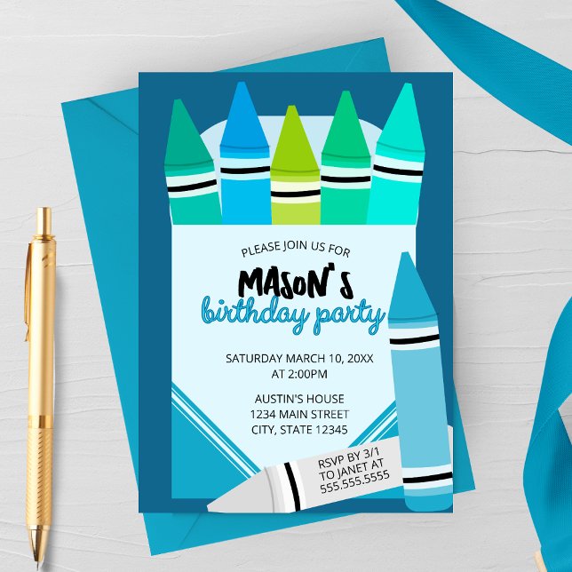 Blue & Teal Crayon Birthday Party Invitation Einladung (Von Creator hochgeladen)