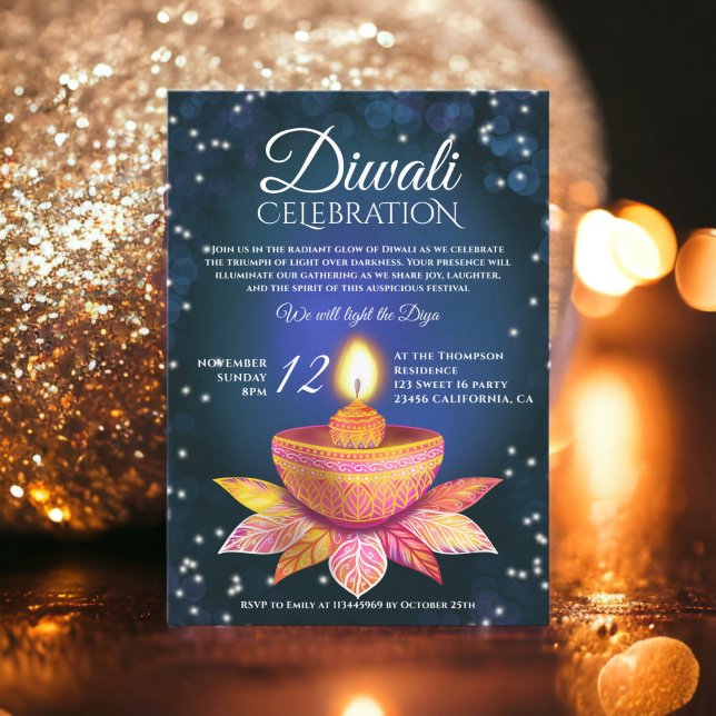 Blue teal Diwali Lamps light illustration script Einladung (Blue teal Diwali Lamps light illustration script Invitation)
