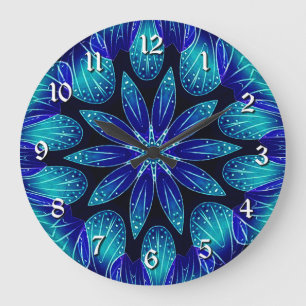 Blue & Teal Petals Mandala Große Wanduhr