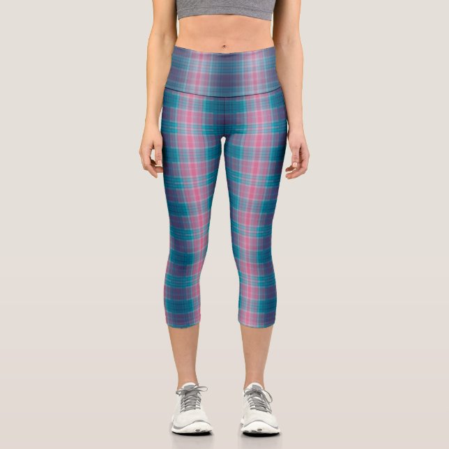 Blue Teal Pink Tartan Pattern Capri Leggings (Vorderseite)