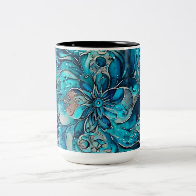 Blue & Teal Watercolor Floral Mandala Zweifarbige Tasse (Mittel)