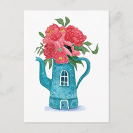 Blue Teapot House mit roten Blume Postkarte