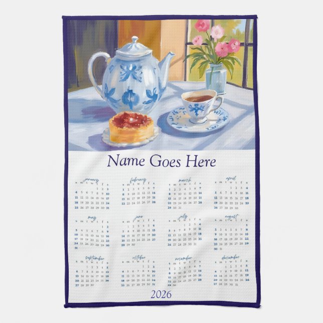 Blue Teapot & Pastry 2026 Calendar Tea Towel Geschirrtuch (Vertikal)