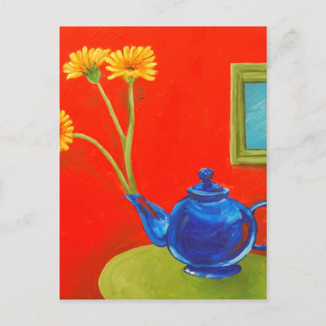 Blue Teapot und Daisies Postkarte (Vorderseite)