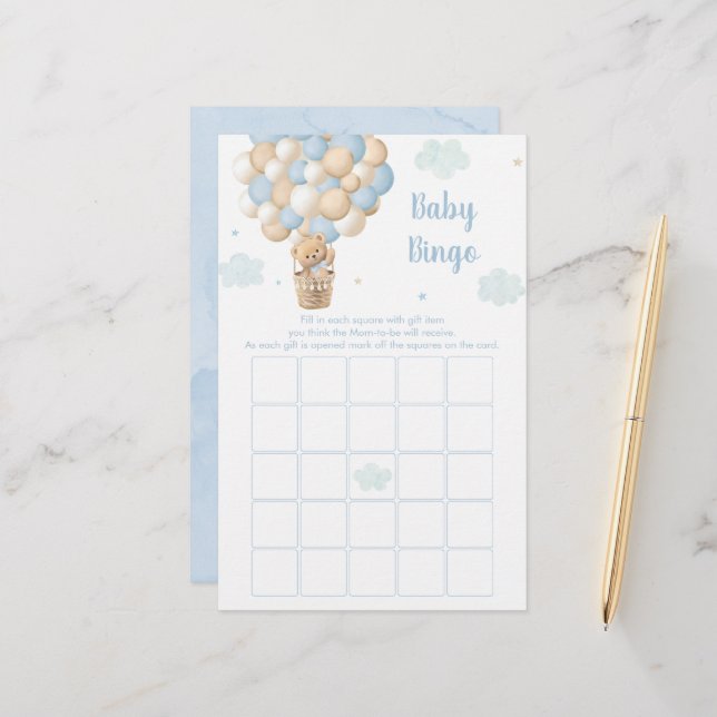 Blue Teddy Balloons Baby Shower Bingo Game (Vorderseite/Rückseite Beispiel)