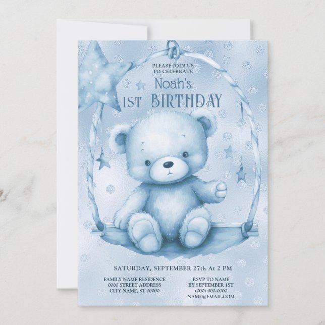 Blue Teddy Bear 1. Geburtstag Einladung (Vorderseite)