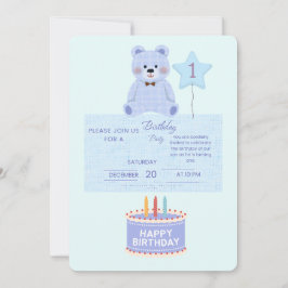 Blue Teddy Bear 1st Birthday Invitation - Customiz Einladung