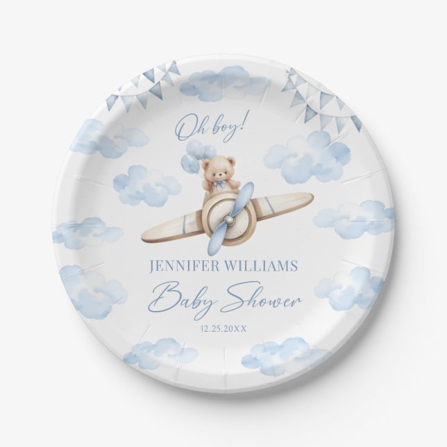 Blue Teddy Bear auf Airplane Baby Boy Showpapier Pappteller (Vorderseite)