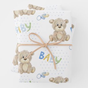 Blue Teddy Bear Baby Boy Watercolor Babydusche Geschenkpapier Set