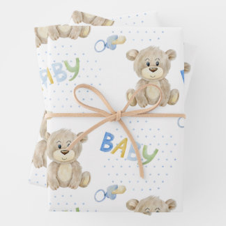 Blue Teddy Bear Baby Boy Watercolor Babydusche Geschenkpapier Set