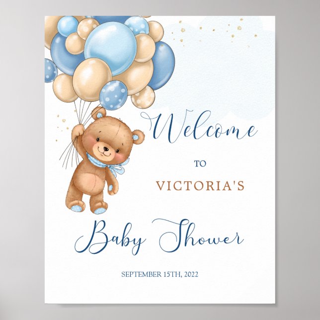 Blue Teddy Bear Baby Dusche Begrüßungszeichen Poster (Vorne)