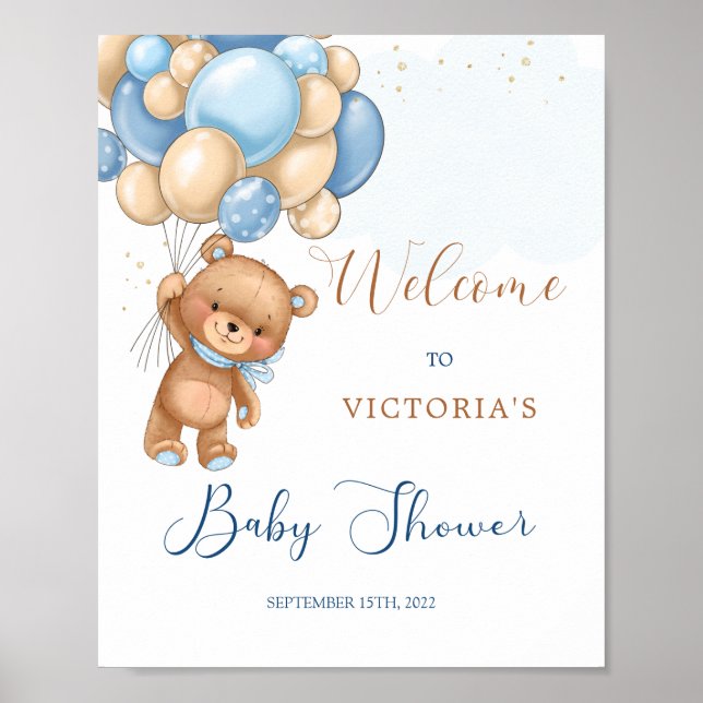 Blue Teddy Bear Baby Dusche Begrüßungszeichen Poster (Vorne)