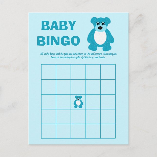 Blue Teddy Bear Baby Dusche Bingo Spielkarten Ankündigungspostkarte (Vorderseite)