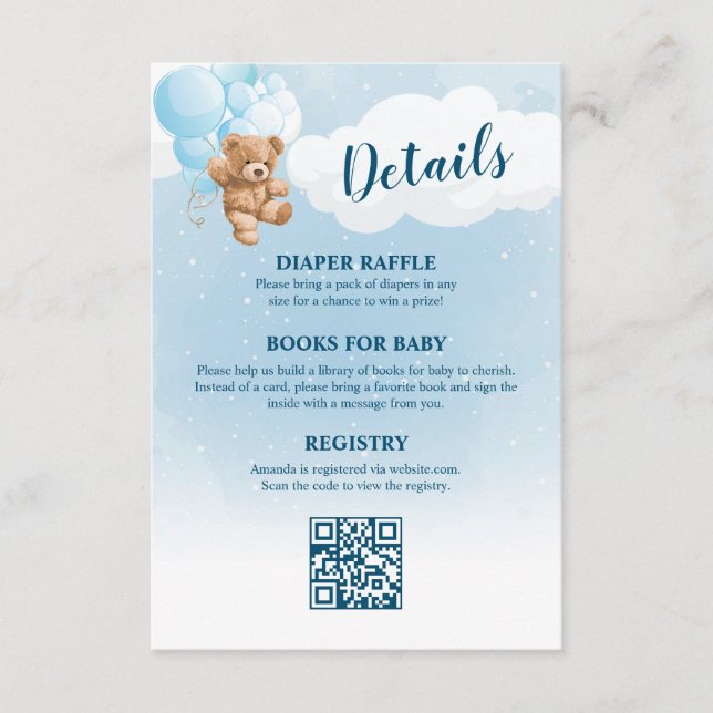 Blue Teddy Bear Baby Dusche Details Begleitkarte (Vorderseite)