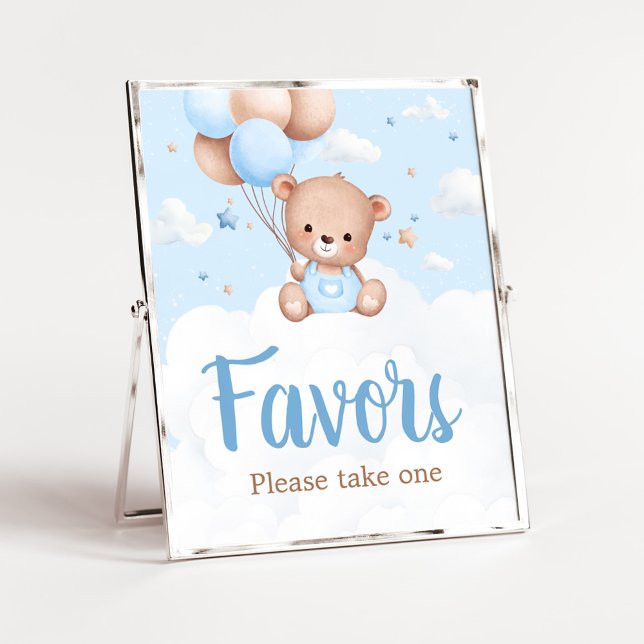 Blue Teddy Bear Baby Dusche Favorit Schild (Blue Boy Teddy Bear Clouds Balloon Baby Shower Sign)