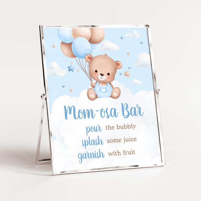 Blue Teddy Bear Baby Dusche Mama Osa Bar Sign Poster (Blue Boy Teddy Bear Clouds Balloon Baby Shower Sign)