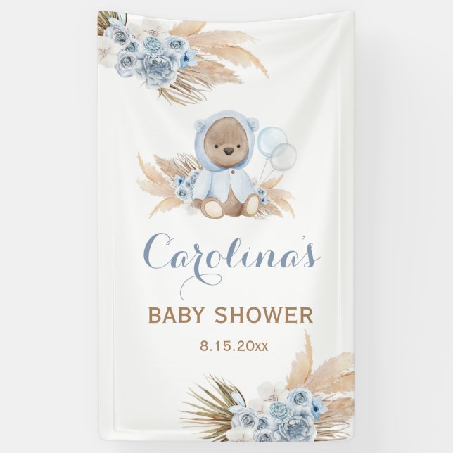 Blue Teddy Bear Baby Dusche Vinyl Banner (Vertikal)