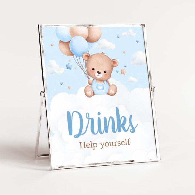Blue Teddy Bear Baby Duschtränke Schild (Blue Boy Teddy Bear Clouds Balloon Baby Shower Sign)