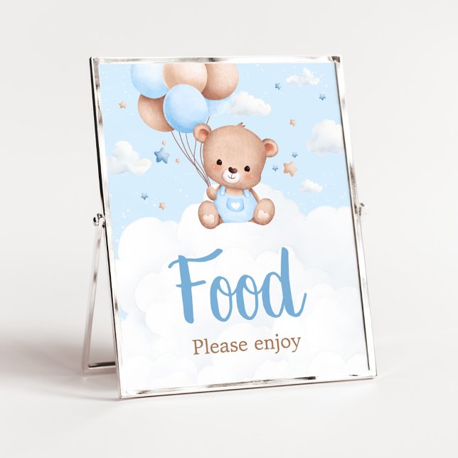 Blue Teddy Bear Baby Duschvorrichtung Poster (Blue Boy Teddy Bear Clouds Balloon Baby Shower Sign)