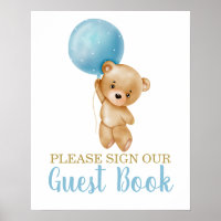 Blue Teddy Bear Baby Shooter Boy Sign Guest Book