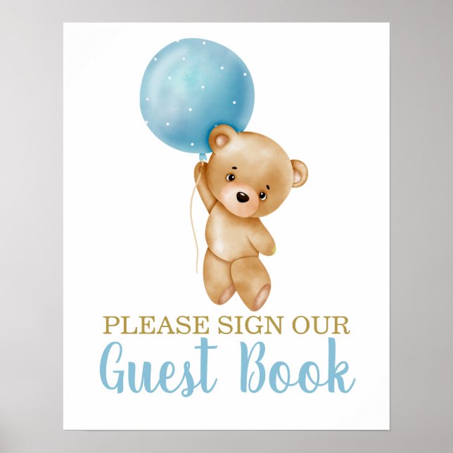 Blue Teddy Bear Baby Shooter Boy Sign Guest Book Poster (Vorne)