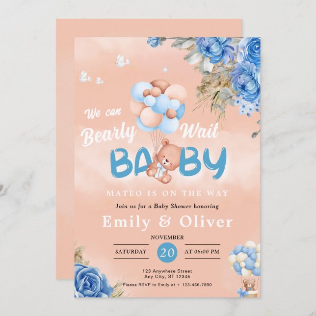 Blue Teddy Bear Baby Shower Einladung abwarten (Vorne/Hinten)