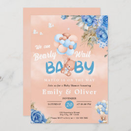 Blue Teddy Bear Baby Shower Einladung abwarten
