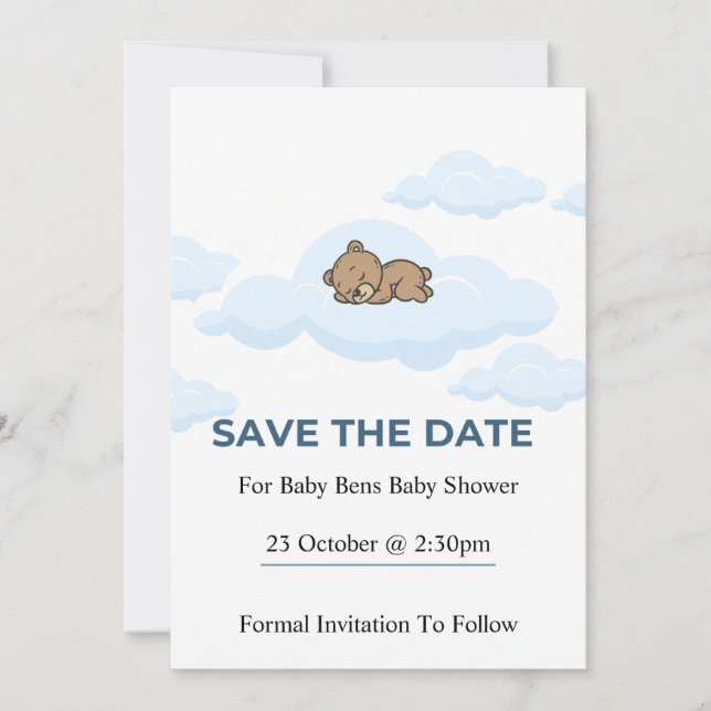 Blue Teddy Bear Baby Shower Save the Date Card Einladung (Vorderseite)