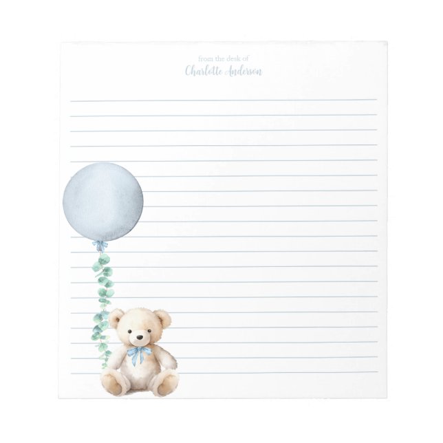 Blue Teddy Bear Ballon Personalisiert Notepad Notizblock (Vorderseite)