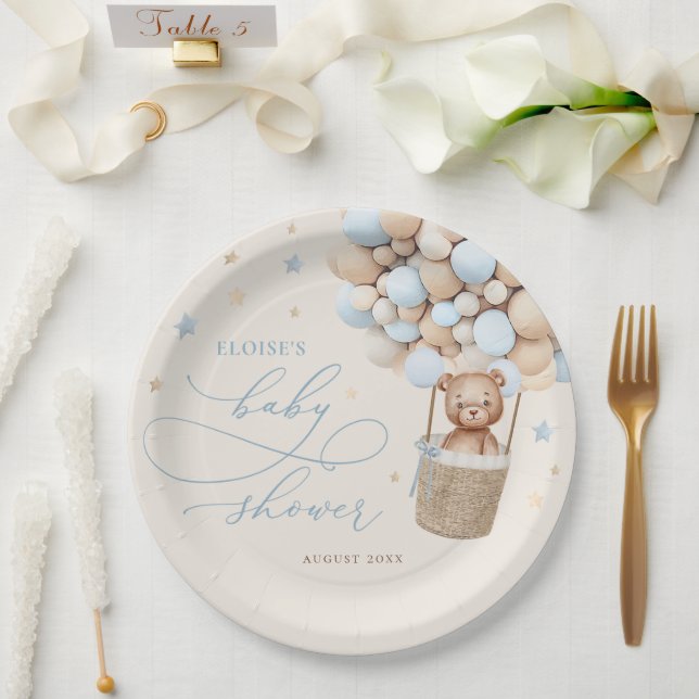 Blue Teddy Bear Balloon Babydusche frühzeitig abwa Pappteller (Hochzeit)
