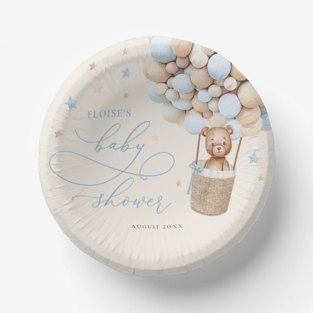 Blue Teddy Bear Balloon Babydusche frühzeitig abwa Pappteller (Vorderseite)