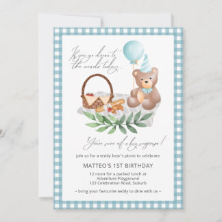 Blue Teddy Bear Balloon Picnic 1. Geburtstag Einladung