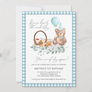 Blue Teddy Bear Balloon Picnic 1. Geburtstag Invit Einladung