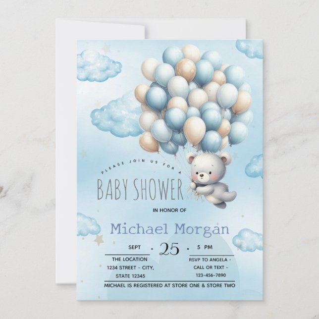 Blue Teddy Bear Balloons Clouds Baby Dusche Einladung (Vorderseite)