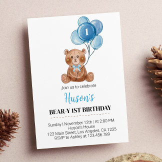 Blue Teddy Bear Balloons Erster Geburtstag Einladu Einladung