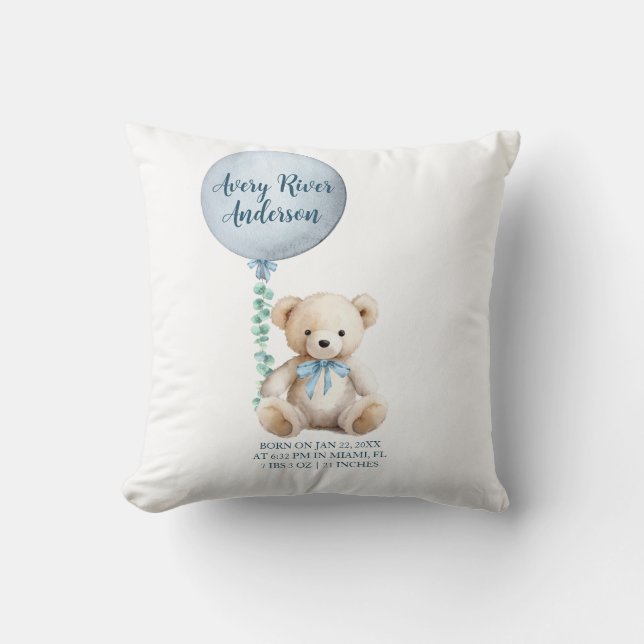 Blue Teddy Bear Birth Stats Baby Pillow Kissen (Vorderseite)