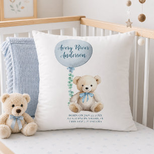 Blue Teddy Bear Birth Stats Baby Pillow Kissen