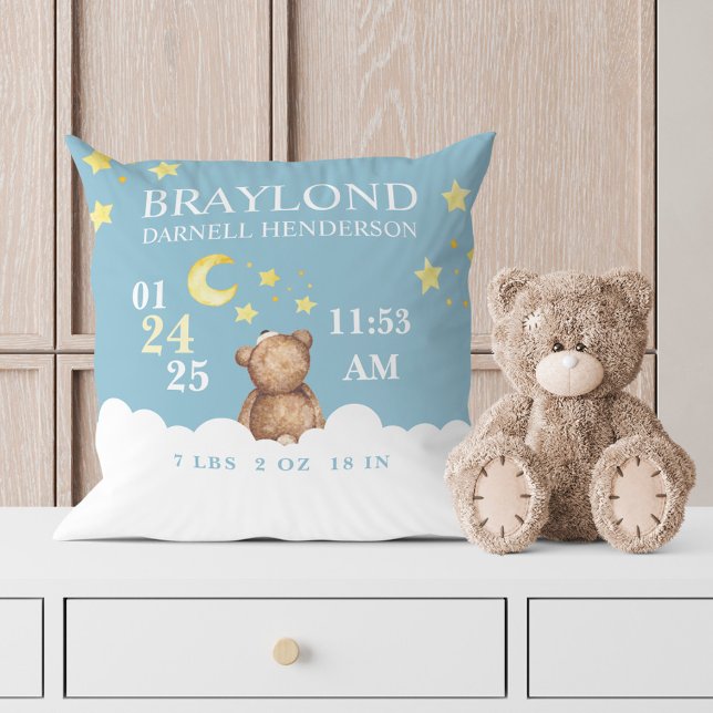 Blue Teddy Bear Birth Stats Kinderzimmer Pillow Kissen (Von Creator hochgeladen)