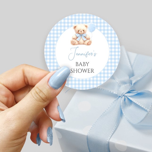 Blue Teddy Bear Bow Balloon Baby Boy Dusche Runder Aufkleber (Von Creator hochgeladen)
