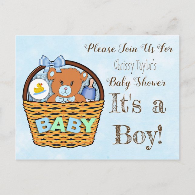 Blue Teddy Bear Boy Baby Dusche einladen Postkarte (Vorderseite)