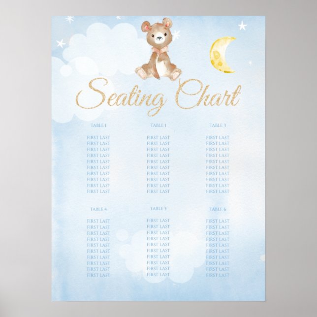Blue Teddy Bear Boy's Baby Shower Seating Chart Poster (Vorne)