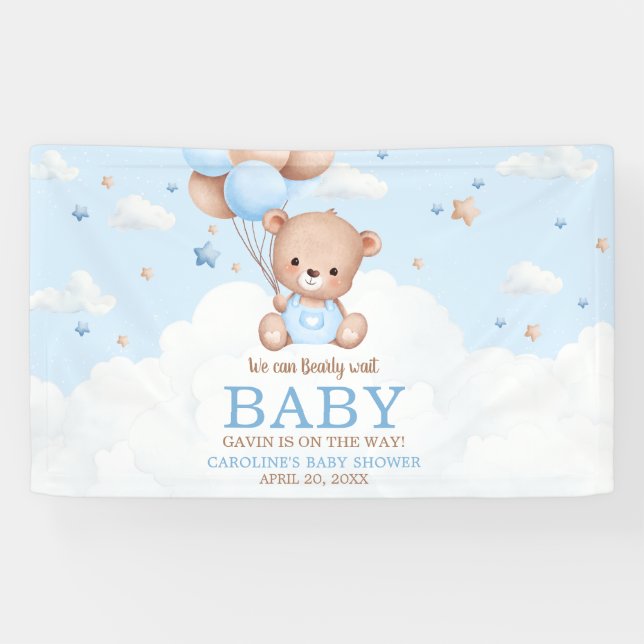 Blue Teddy Bear Clouds Balloon Babydusche Banner (Horizontal)