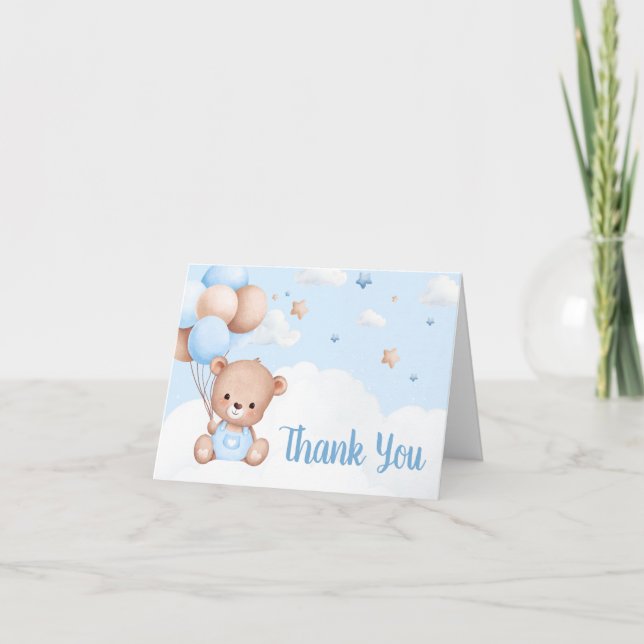 Blue Teddy Bear Clouds Balloon Babydusche Dankeskarte (Vorderseite)
