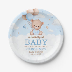Blue Teddy Bear Clouds Balloon Babydusche Pappteller