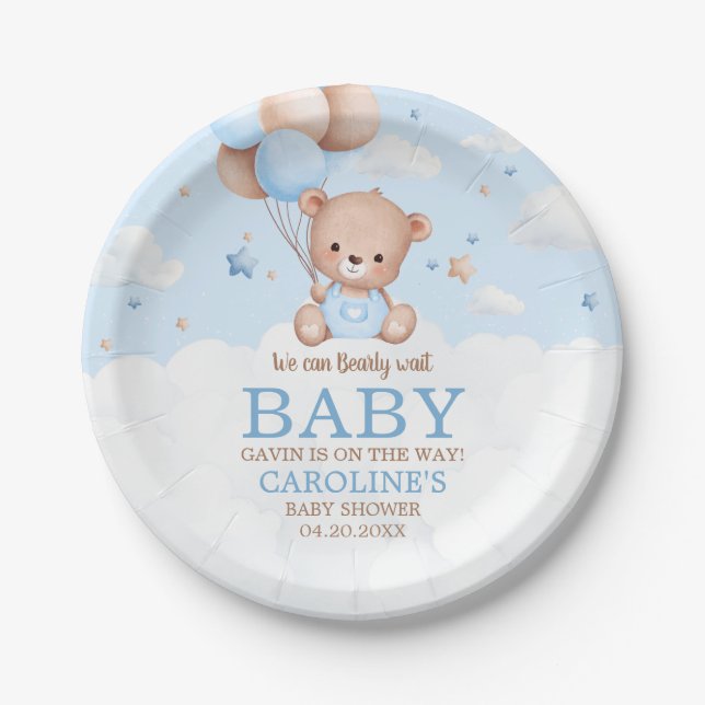 Blue Teddy Bear Clouds Balloon Babydusche Pappteller (Vorderseite)