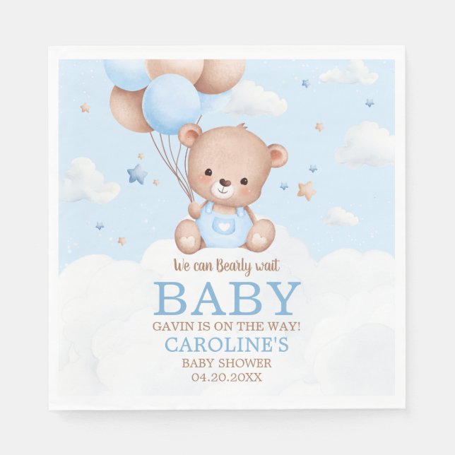 Blue Teddy Bear Clouds Balloon Babydusche Serviette (Vorderseite)