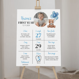 Blue Teddy Bear Erstgeburtstag Milestone Zeichen Poster