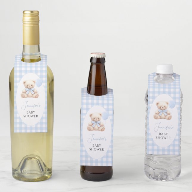 Blue Teddy Bear Gingham Bow Baby Boy Shower Flaschenanhänger (Beispiel)