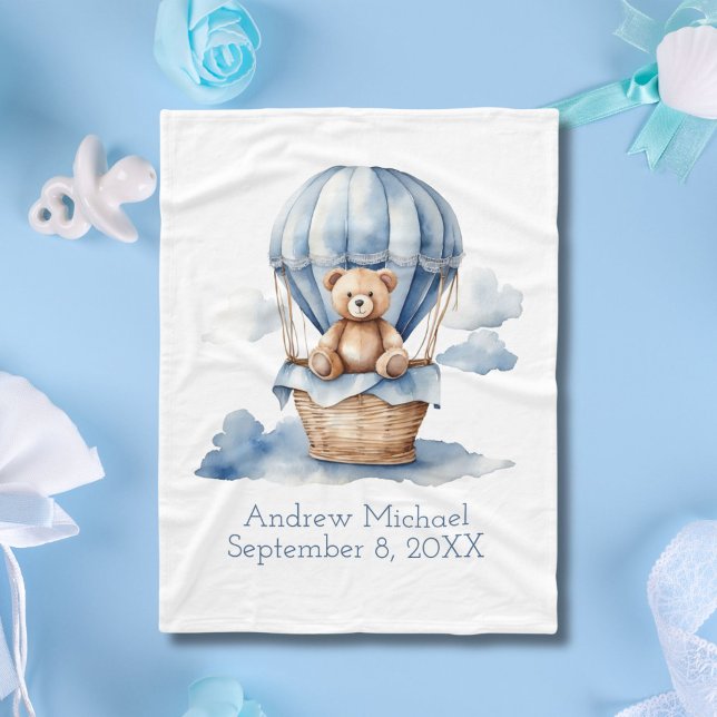 Blue Teddy Bear Hot Air Ballon Birth Stats Baby Fleecedecke (Blue Teddy Bear in Hot Air Balloon Baby Boys Baby Blanket. Monogram name, birthday, birth stats)
