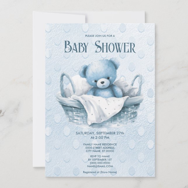 Blue Teddy Bear in Basket Dusche Einladung (Vorderseite)